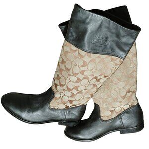 Coach Tall Riding Boots Size 6.5 Zip Up Genuine Leather Fabric Brown Beige